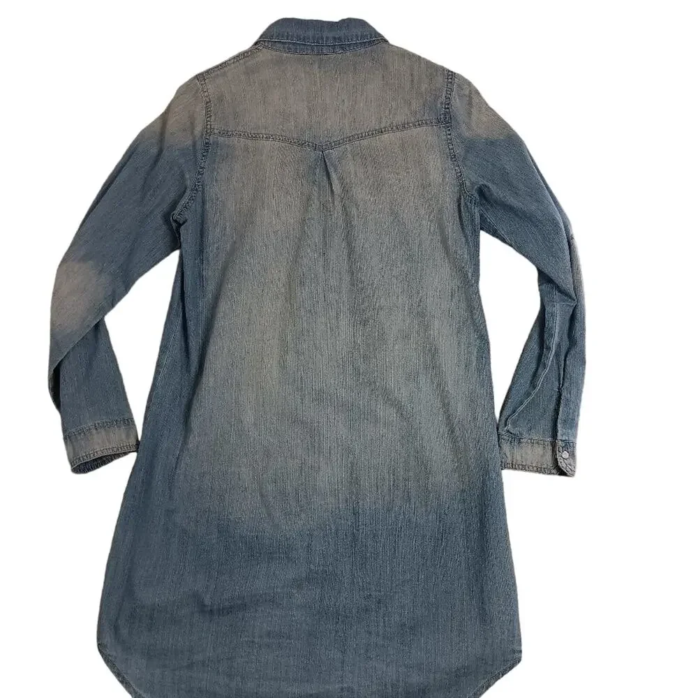 Buddy Basics Vintage Western Denim Dress M Blue Fade Pearl Snap Cowgirl Boho‎